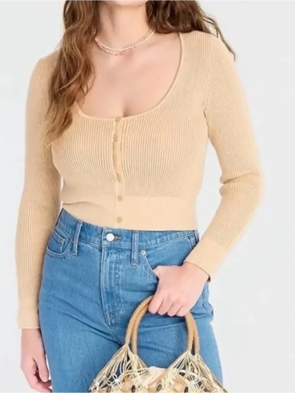 J. CREW Cropped Ribbed Scoop Neck Button Front Cardigan Sweater Tan Women's XS
